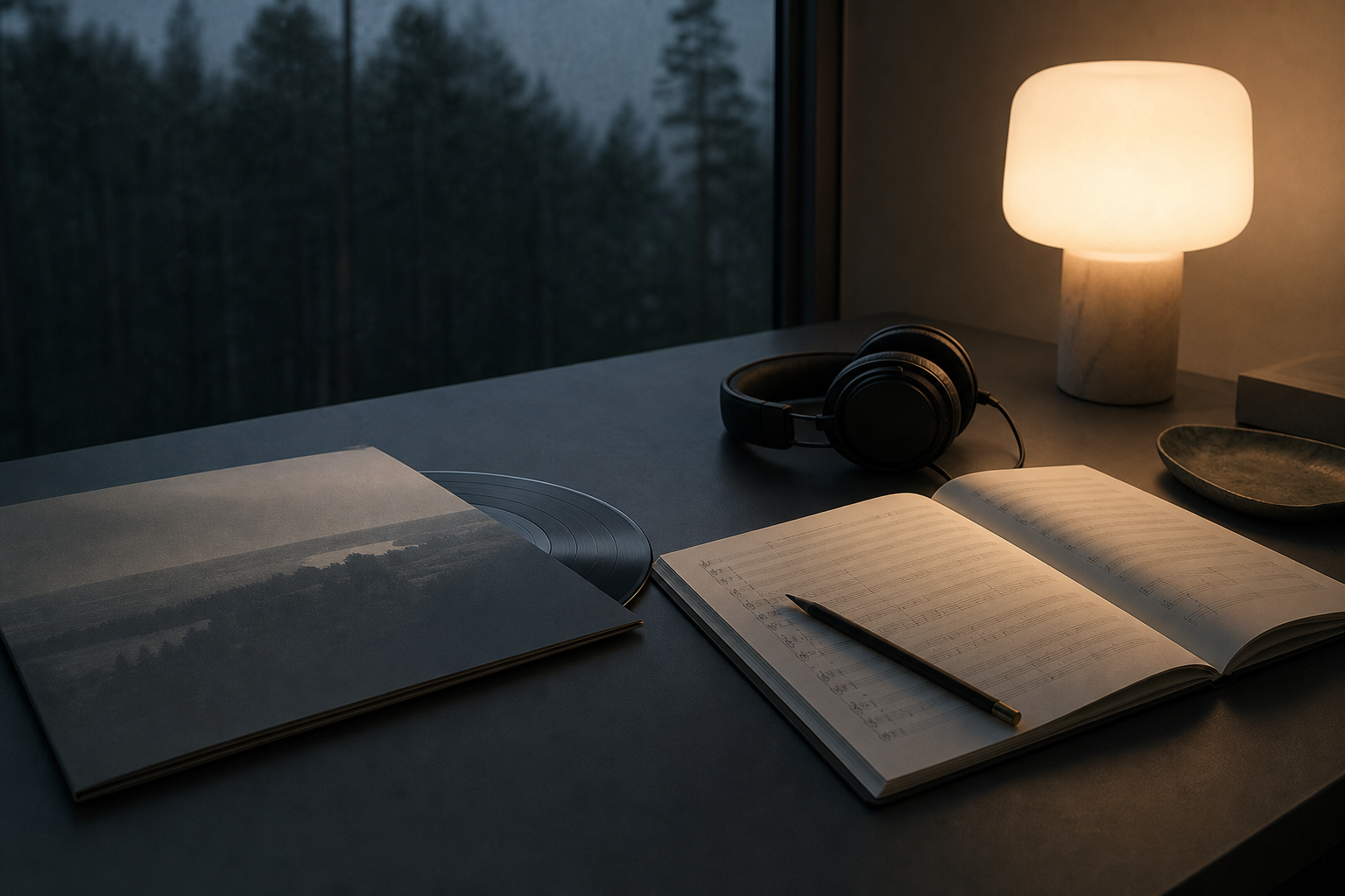 A score, record, and headphones beside a dark Baltic forest window