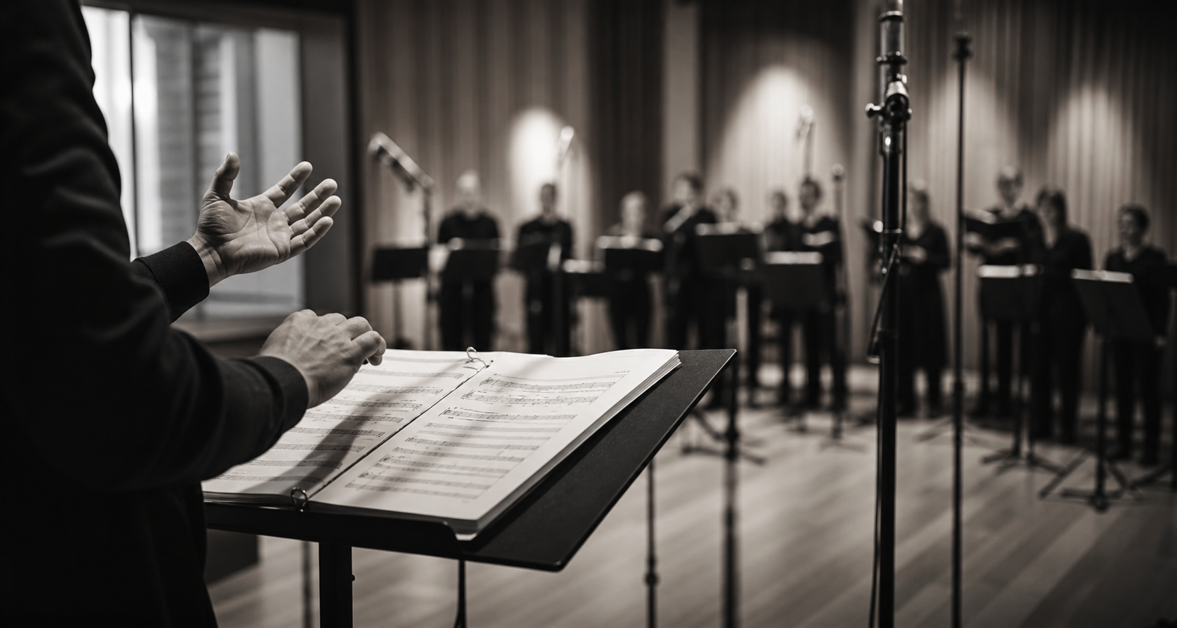 A conductor's hands and score during a chamber choir recording session