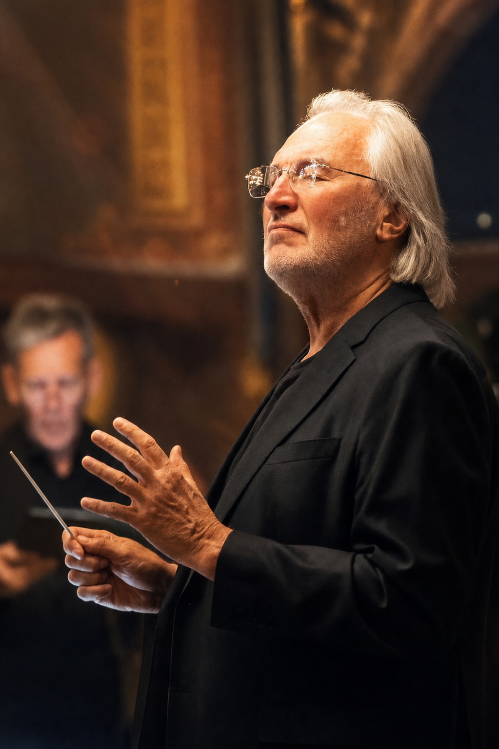 TV-style editorial portrait of Tõnu Kaljuste conducting